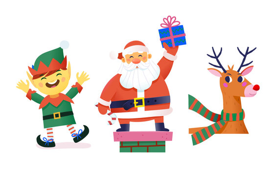 Collection of images to create invitation posters and greeting cards for Christmas and winter holidays. Isolated vector decorations. Santa Clause, elf and reindeer with red nose.
