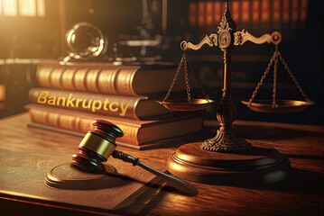 Close-up of a tribunal wooden table with a judge's gavel and a golden weight scale, sharp focus and blurred library in the background. Concept of lawsuits and corporations bankruptcy, justice and law.