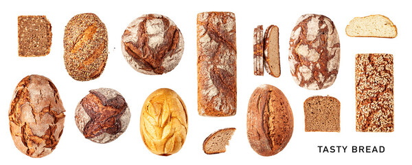 Fresh bread set. PNG with transparent background. Flat lay. Without shadow.