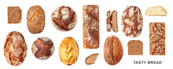 Fresh bread set. PNG with transparent background. Flat lay. Without shadow.
