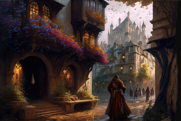 Obraz premium AI generated image of a fantastical medieval palace and city around it 
