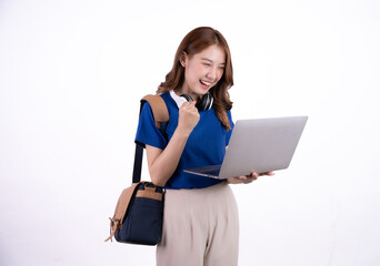 Portrait of happy young asian student girl using laptop computer isolated over white background