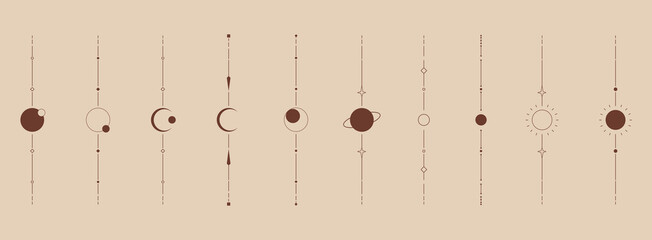Boho set decorative elements. Moon phases. Sun, star. 