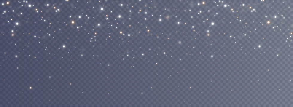 Christmas background. Powder dust light PNG. Magic shining gold and white dust. Fine, shiny dust bokeh particles fall off slightly. Fantastic shimmer effect. Vector illustrator.