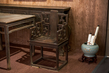 Close-up of tables and chairs of traditional Chinese mahogany furniture