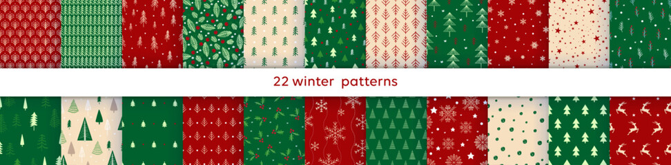 Naklejka na ściany i meble Vector Set of simple Seamless Christmas and New Year`s patterns. Winter and Christmas elements on a dark background. Wrap for gifts. 