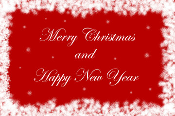 Merry Christmas and Happy New Year text on the red background with snowflakes and snowy frame. Christmas greeting card.