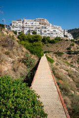 Fototapeta premium Camino en medio de la montaña y sus árboles para poder llegar a una cala escondida de la ciudad de Benidorm en un día de Noviembre.