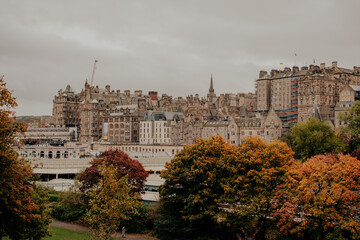 Edinburgh Scotland: 19th Oct 2022: Edinburgh City skyline in Autumn view from  Princes Street gardens