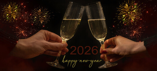 Happy new Year 2026 Sylvester New Year's eve celebration holiday banner greeting card - Toast with sparkling wine or champagne glasses and firework in the background
