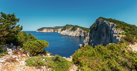 Fototapeta premium Stunning mountain seascape. Scenic summer nature scenery with perfect sky. Wonderful picturesque vivid landscape over the Ionian Sea. Lefkada island. Greece