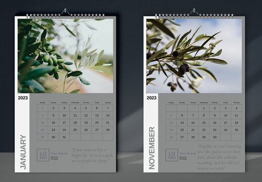 Olive Wall Calendar 2023 Layout