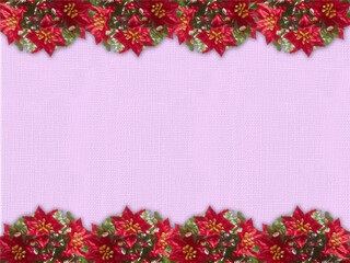 Winter canvas background with poinsettia on both sides. Canvas texture. Christmas, New Year.