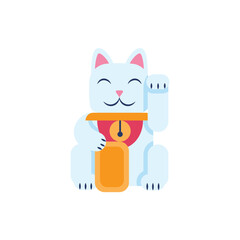 Cartoon Color Japanese Toy Maneki Neko Flat Design Style Isolated on a White Background. Vector illustration of Lucky Cat