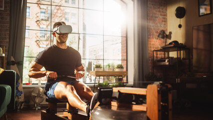 Futuristic Metaverse Gym: Strong Athletic Black Man Exercising on Rowing Machine Wearing Virtual Reality Headset. Muscular Mixed Race Sportsman Stays Healthy and Connected Using VR Workout Service