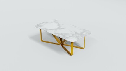 White Marble Dining Table with Shiny Golden Minimalist Legs on White Background
