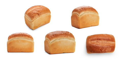 A collection of traditional fresh crusty baked white loaves of bread isolated against a transparent...