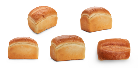 A collection of traditional fresh crusty baked white loaves of bread isolated against a transparent background.