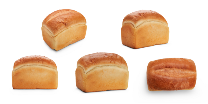 A collection of traditional fresh crusty baked white loaves of bread isolated against a transparent background.