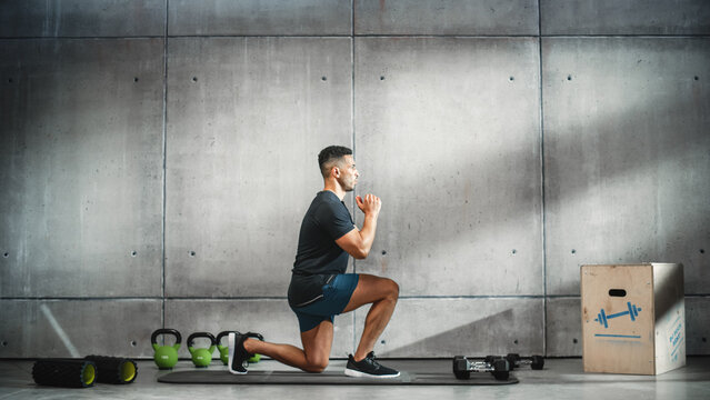 Online Workout Service: Professional Trainer Explaining Exercise, Virtual Video Tutorial for Training. Black Athletic Coach Teaching Audience Healthy Lifestyle. Side View Screen Replacement