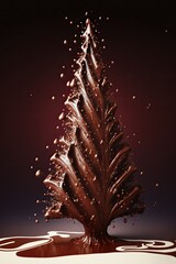 Christmas tree made of milk chocolate, splash of liquid, golden lighting 