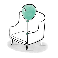 a balloon holding a little package on the couch