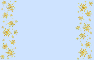 Winter lilac blue saturated bright background with gold random snowflakes two sideways. Christmas, New Year card with copy space.