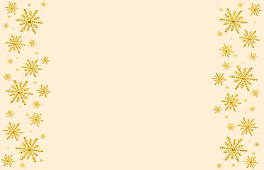 Winter yellow beige peach saturated bright background with gold random snowflakes two sideways. Christmas, New Year card with copy space.