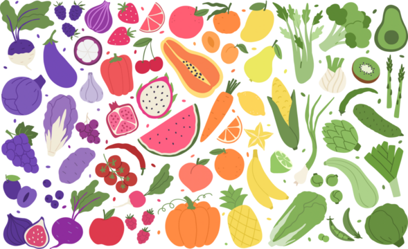 Fruit and veggies rainbow composition