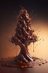 Christmas tree made of milk chocolate, splash of liquid, golden lighting 