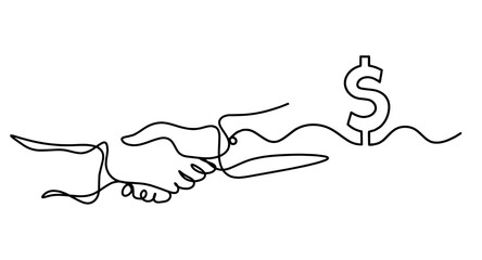 Abstract handshake with dollar as line drawing on white background. Vector