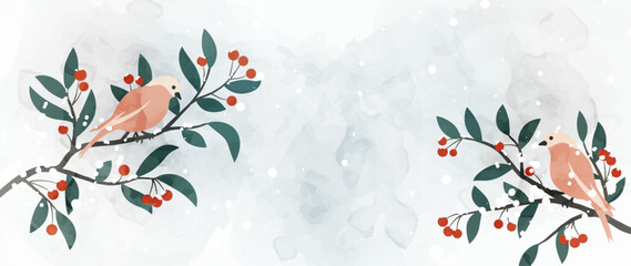 Winter art watercolor background. Winter botanical leaf branch with birds and snowfall on snowy background with watercolor. Vector design for print, decoration, poster, wallpaper, banner.