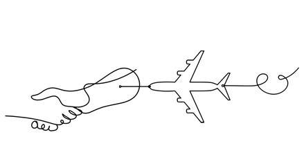 Abstract handshake with plane as line drawing on white background. Vector