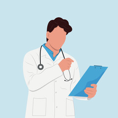 Curiosity concept. A man is a doctor with a tablet and a stethoscope standing, looking at something with a magnifying glass and trying to find something. Vector illustration.