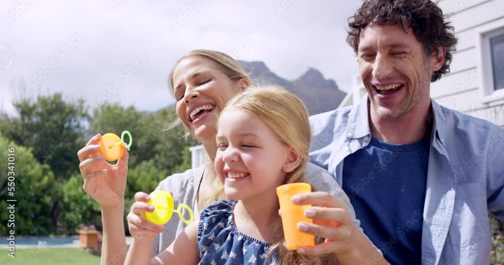 Poster Bubbles, family and outdoor fun of mom, dad and girl together blowing bubble with care. Happy, garden and bonding of a mother, father and child with parent love feeling relax with youth happiness