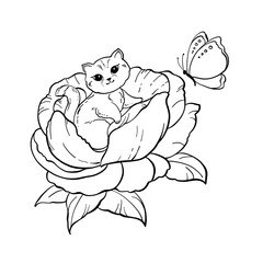 Cute cat sitting in a flower, hand-drawn, doodle style. A butterfly is flying around. Vector illustration