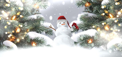 Christmas winter  snowman in red santa hat near  pine tree covered by snow greeting card template background banner