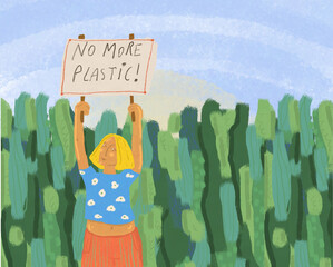 Cartoon woman with eco placard
