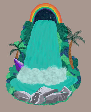 Drawing of magic tropical waterfall