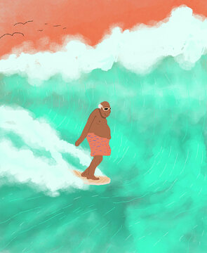 Senior plus size man surfing on waves