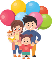 カラフルな風船と家族　赤ちゃん　女の子　両親