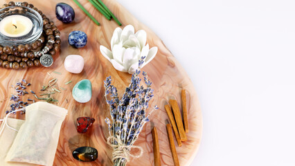 Self-care, energy healing composition with rosary beads, aroma sticks, chakra stones, sandalwood...