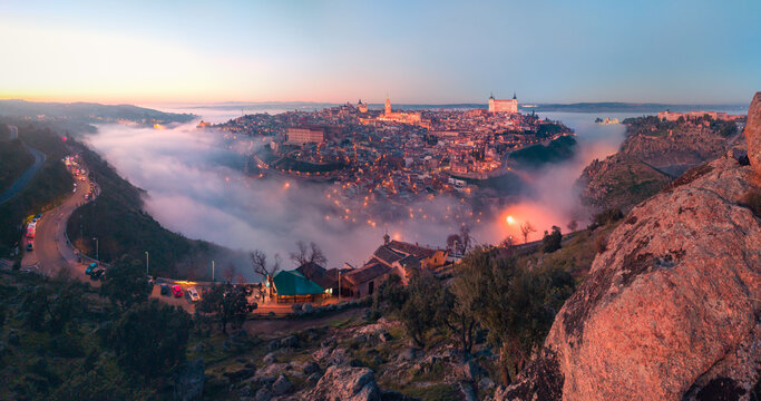 Magnificent landscape of medieval palace in foggy night