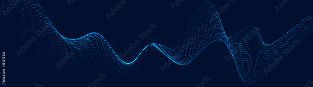 Poster a moving digital 3d wave. futuristic dark background with dynamic blue particles. the concept of big