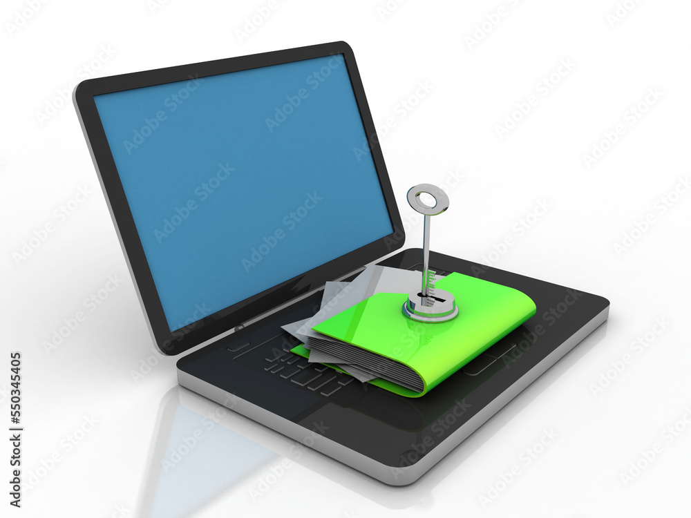 Poster 3d rendering folder on laptop with key protection