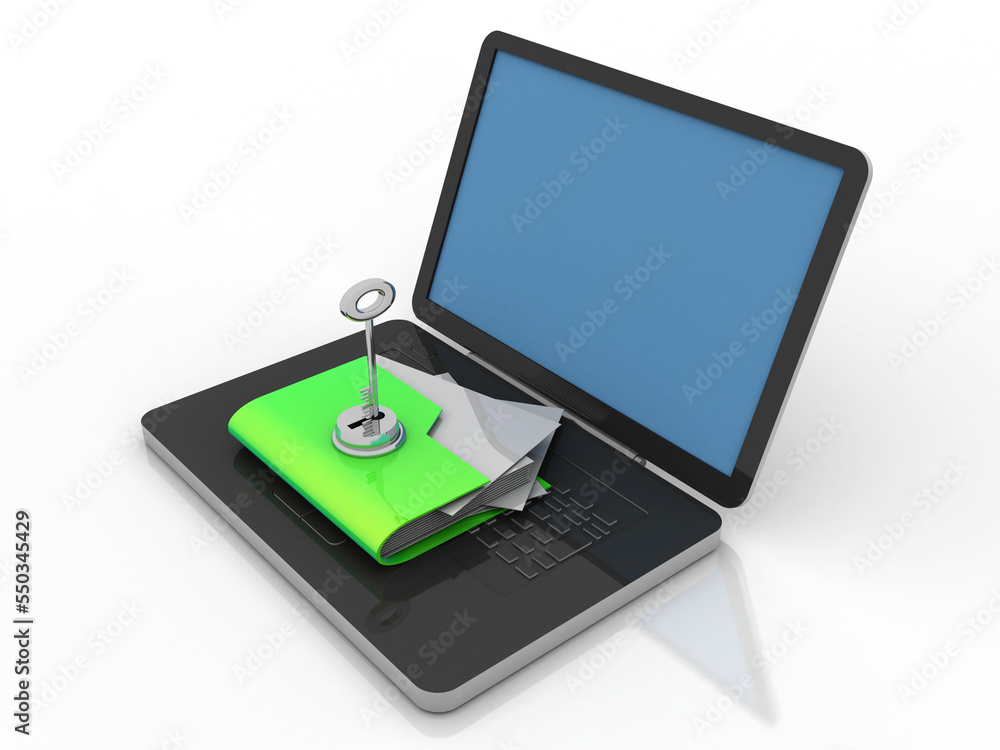 Poster 3d rendering folder on laptop with key protection