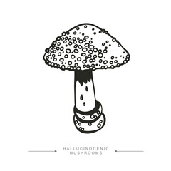 Toxic Fantasy Pslocybin Mushroom. Black and white drawing of a magical surreal hallucinogenic mushroom. Vector illustration