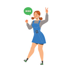 Young Woman Character Showing V Sign Hand Gesture Expressing Positive Emotion Vector Illustration