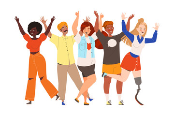 Happy and Rejoicing Group of People Characters Cheering Raising Hands Up Vector Illustration
