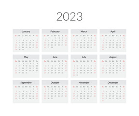 2023 year calendar template. Vector illustration